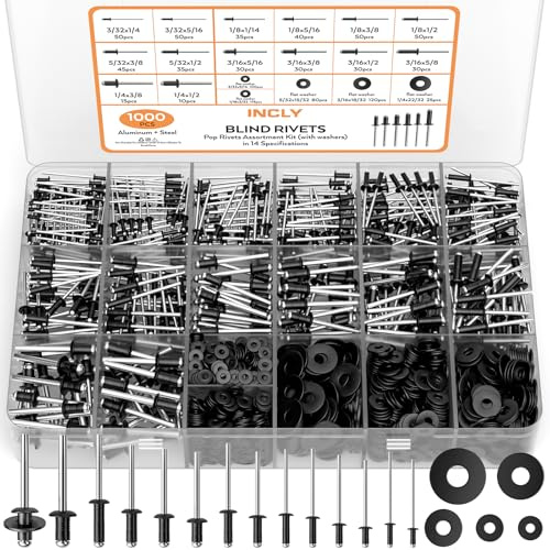 INCLY 1000PCS Pop Rivets Assortment Kit, 14 Sizes Black Rivets for Metal 3/32 1/8 5/32 3/16 1/4 and 5 Sizes 304 Stainless Steel Washers with Storage Case