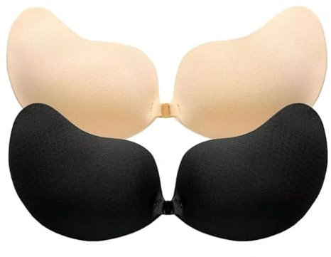 AWXUOCK Invisible Strapless Bras Reusable Stick On Bra Skin-Friendly Sticky Push Up Adhesive Bra for Party, Bar, Wedding, Beach, Backless for Women (UK, Cup & Band, D, Black+Beige)