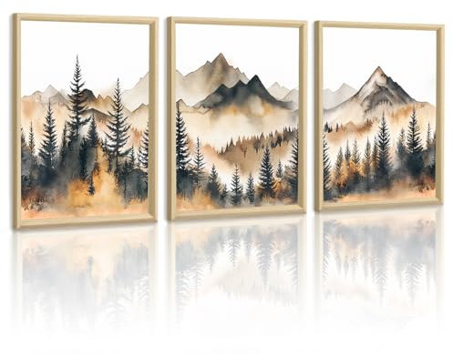 WENGTIAO Toile Peinture Encadré, Aquarelle Montagne Forêt Tableau Decoration Murale, Paysage Abstrait Nature Brumeux Montagne Peinture pour Decoration Murale Salon Maison Deco Chambre 30x40cmx3
