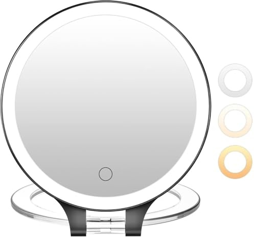 FASCINATE Schminkspiegel mit Licht,10X/1X Doppelseitig Vergrößerungsspiegel mit Beleuchtung, 1800mAh USB-Aufladung, Touch-Sensor 3 Beleuchtungsmodi Faltbarer Kompakter Dimmbar Tischspiegel