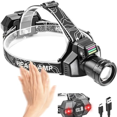 LIAISIMI Stirnlampe LED Wiederaufladbar, Superhell Kopflampe mit 6 Modi | Zoombar Kopflampe mit Sensor & Rotlicht, 90° Einstellbar, IPX4 Stirnlampe für Camping, Angeln, Reparatur (ohne Batterien)