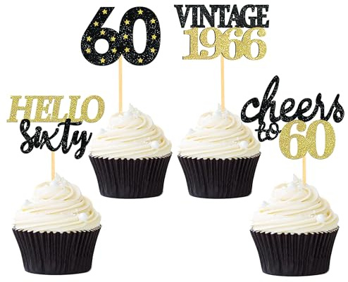 24 Pcs Glitter 60th Birthday Decoration Cupcake Toppers(BlackGold-1966) | 60th Cake Decorations, 60th Birthday Decoration, 60th Birthday Party Supplies