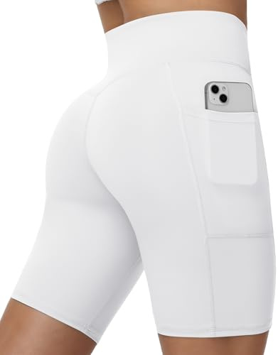Runhit Radlerhose Damen mit Taschen, 8 Po Lift Kurze Leggings High Waist Yoga Shorts Blickdicht Sport Hose Kurz Damen Hotpants für Fitness Gym Laufen, Weiß M