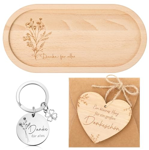 Geiserailie Dankeschön Geschenk Holztablett mit Gravur Klein Oval 25 x 12 cm Holz Serviertablett Herzform Dankeskarte Schlüsselanhänger Umschlag für Freundin Kollegen Geburtstag Weihnachten Jahrestag