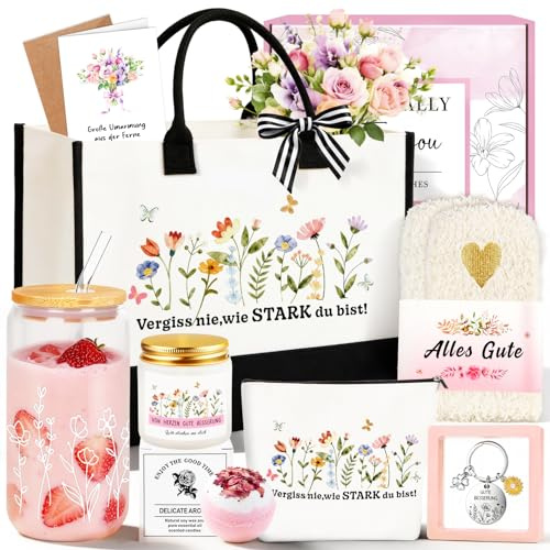 TUZELIYA Gute Besserung Geschenke Frau, 8tlg. Positive Geschenke Freundin | mit Canvas Einkaufstasche, Ermutigende Geschenkset mit Genesungskarte für Oma, Mama, Ehefrau, Freundin, Kollegin, Tochter