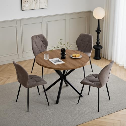 HJhomeheart Esstisch und Stuhlset, 100 cm Runder Esstisch und 4 Moderne Leinenstühle, für Esszimmer, Küche, Wohnzimmer (Dunkel+ Braun)