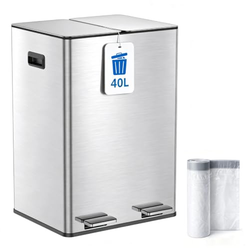 YEAUPE PRO Mülleimer Küche 40L (2x20L) 2 Fächer Edelstahl Doppel Treteimer | Mülltrennung Recycling & Restmüll, Pedal, Soft-Close Deckel, Herausnehmbare Inneneimer, Geruchsdicht, inkl. 15 Müllbeutel