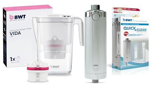 BWT Kalkschutz Set: Quick & Clean Duschfilter + Vida Tischwasserfilter mit Magnesium | Antikalk für Bad & Küche | inklusive je 1 Filterkartusche | Duschfilter gegen Kalk