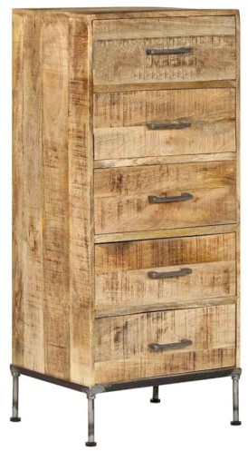 XHNIFBN Kommode 45x35x106 cm aus massivem Mangoholz, 5 Schubladen, Vintage Industrial Look, platzsparende Sideboard schmal für Flur Schlafzimmer Wohnzimmer