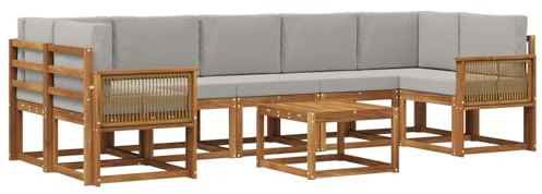 vidaXL Outdoor-Sofagarnitur 8 pcs Natürlich und Hellgrau Polyester, Moderner Outdoor-Sofa-Set, Flexible Sitzgelegenheiten, Akazienholz, Lounge für Terrasse, modulares Gartenmöbel