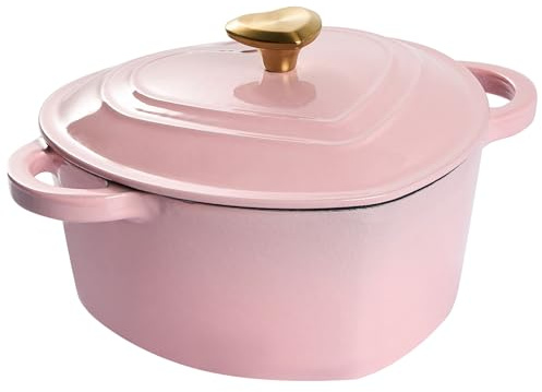 Pentola in ghisa a forma di cuore con coperchio adatta al forno e compatibile con tutti i piani cottura rosa