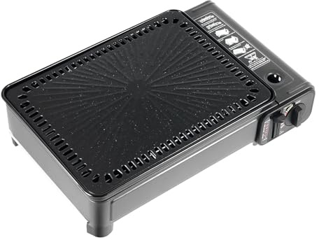 Barbecue a gas portatile da tavolo con griglia e piastra per barbecue, da campeggio, in confezione neutra, con scatola di plastica, pellicola a bolle d'aria, cartone a 5 strati, con spazzola per