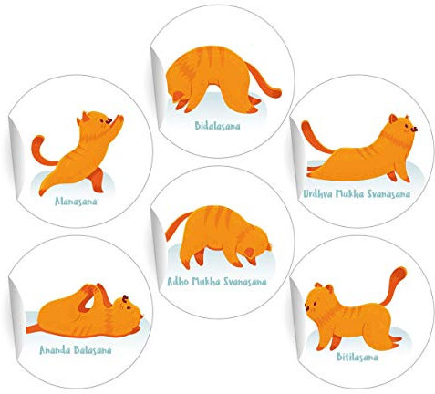 24 lustige Yoga Aufkleber mit Katze in Yoga Figuren, MATTE universal Papieraufkleber für Wellness Geschenke, Sticker selbstklebende Etiketten für Paket Brief Deko (ø 45mm)