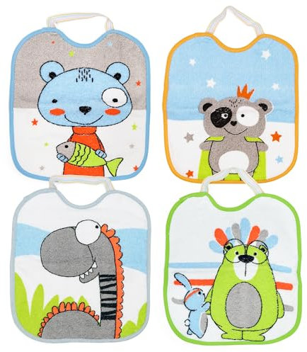 Ti TIN | 4er-Pack- wasserdichte Babylätzchen, 23x28 cm | Lätzchen mit elastischem Verschluss für Babys von 6-18 Monaten Jahren, 73% Baumwolle-27% Polyester-Vinyl-Futter
