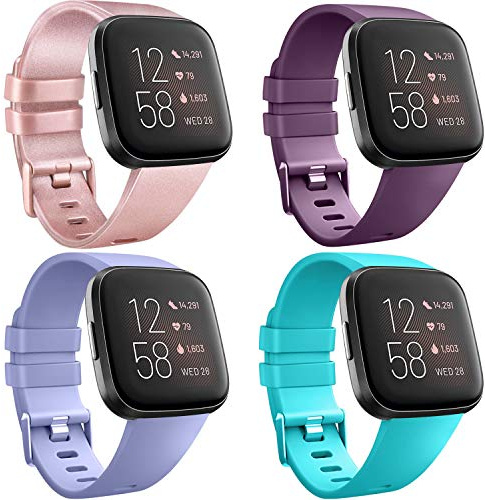 [4 Pack] Straps compatible with Fitbit Versa 2, Fitbit Versa, Versa Lite/SE, Classic Silicone Adjustable Replacement Accessories for Women/Men, Small/Large (Rose Gold/Purple/Lavender/Teal, Large)