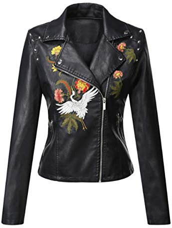 E-girl Damen Schwarz Kunstleder Motorrad Jacke Lederjacke Niet Stickerei Revers Kurz Mantel,P30086,M