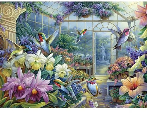 Bits and Pieces - 1000 Piece Jigsaw Puzzle for Adults 20 x 27 - Antique Greenhouse - 1000 pc Flower Garden Country Bird Fountain Jigsaw by Artist Oleg Gavrilov