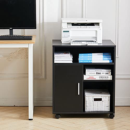 Warmiehomy Modern Printer Stand With Wheel - Mobile Filing Cabinet With Adjustable Compartment - 59.5L x 49.5W x 71.5Hcm (Black)
