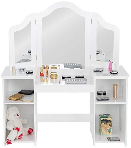 RELAX4LIFE Kinderschminktisch, 2 in 1 Schminktisch & Schreibtisch, mit abnehmbarem dreiteiligem Acryl-Spiegel, Frisiertisch mit 4 Aufbewahrungsfächern, süßes Geschenk für Mädchen Prinzessin (Weiß)