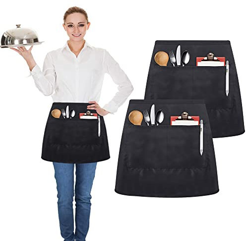 EMAGEREN 2 Stücke Vorbinder Schürze Bäckerschürzen Kurz Kochschürze Unisex Kellnerschürzen 63 X 45cm Bistroschürze Schwarze Taillenschürze mit 2 Taschen Halbe Schürze für Kochen Backen Basteln