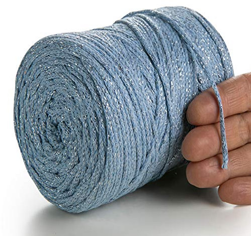 MeriWoolArt® Metallische Makramee Garn 2mm x 225m Farbig für Schnur Schmuckherstellung, Makramee Accessoires Schmuck - Boho Makramee Seil Garn - Glanz Lurex Recyceltes Baumwollgarn (Lurex Babyblau)