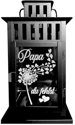 Kilala Trauer Laterne Outdoor, Grablicht personalisiert, Trauerlicht 28 cm, Gedenklicht für Verstorbene mit Schriftzug Papa Pusteblume