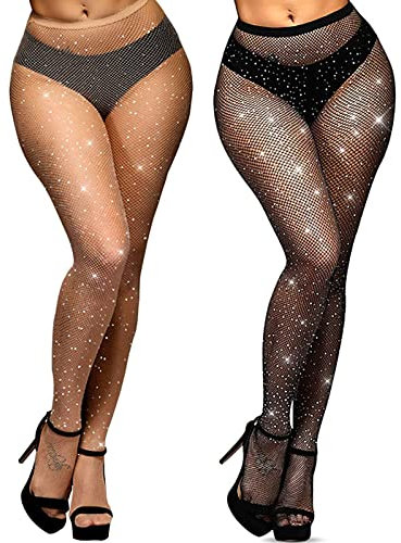 YOGINGO 2 PCS Damen Diamanten Netzstrumpfhosen Schwarz,Rhinestones Netzstrumpfhose Strumpfhosen Glitzer Strumpfhose Damen Mesh Hohe Taille Eng Glitzernde Strass Netzstrumpfhose Strümpfe Strumpfhosen