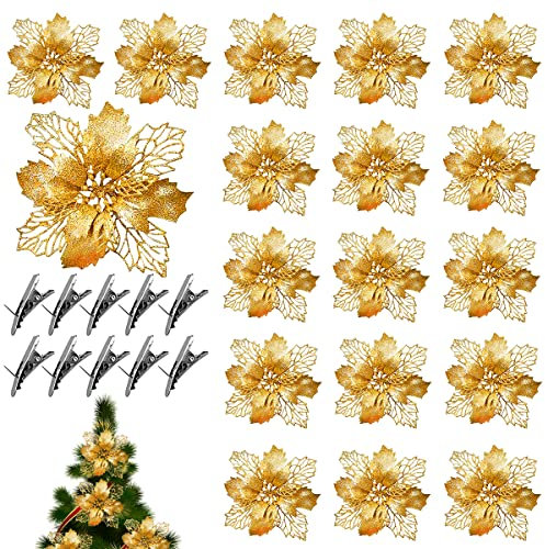 ZDQC 20 Stücke Christbaumschmuck Glitter Poinsettia,Weihnachtsschmuck Baumschmuck Künstliche Weihnachtsblumen Deko für Weihnachtsbaum Weihnachtskranz Ornamente (Gold)