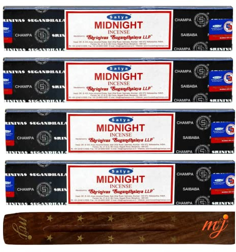 Original Satya Nag Champa Midnight Incense Sticks | with M&J incense sticks holder | x4 pack | for Aromatherapy, Spa, Yoga, Weddings, Meditation, Healing, Positivity and Relaxation
