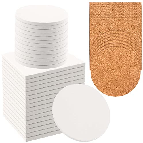 TAICHEUT 96 Stück 10,2 cm leere Keramikuntersetzer, 48 Keramikfliesen mit Korkrückseite zum Malen, Basteln und Dekorieren
