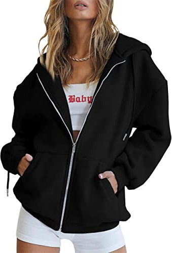 Jhsnjnr Women's Spring Jackets Casual Drawstring Zip Up Hoodie Y2K Long Sleeve Oversized Sweatshirt Black