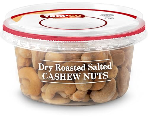 Tropgo Dry Roasted Salted Kosher Cashew Nuts - Guilt-Free Roasted Peanut Snack in a Resealable and Recyclable Tub - Fibre and Protein Rich Healthy Cashew Nuts - Vegan Nuts Snack for all Ages (180G)