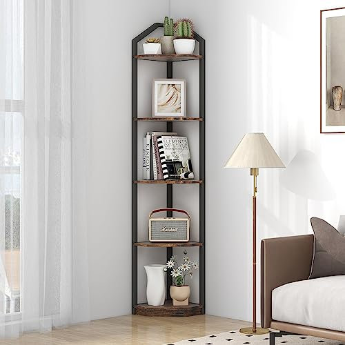 Fun Memories 5 Tier Corner Shelf, 70” Corner Shelf Stand, Corner Bookshelf Plant Stand, Storage Shelf for Bathroom, Living Room, Kitchen,Home Office, Brown