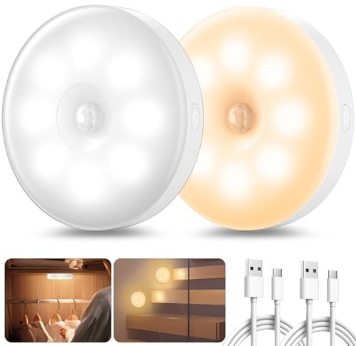 Nachtlicht mit Bewegungsmelder USB Wiederaufladbar, lampe mit bewegungsmelder innen , Warmlicht Weißlicht Neutrales Licht für Flur Küche, Treppenbeleuchtung, Kinderzimmer, Schrankbeleuchtung (2 Stück)