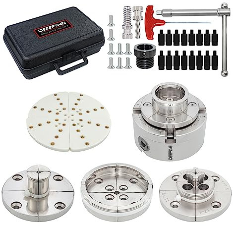 DEEFIINE 4 Inch Wood Lathe Chuck Set 1-1/4“x 8tpi Thread and 1 x8tpi Adapter, Nickel Plated Self Centering 4 Jaw Wood Turning Chuck Set(5 Jaws)