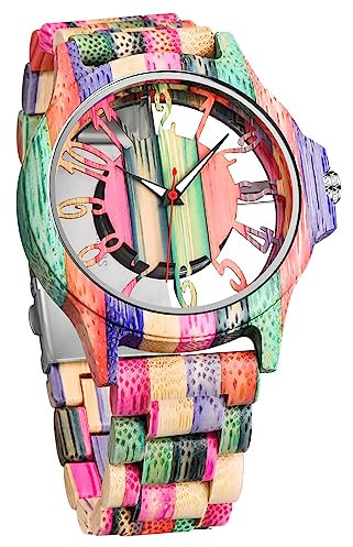 Tiong Holzuhren für Herren Handgemachte Bunte Bambus Holz Uhr Analog Quarz Männer Klare Abdeckung Arabische Ziffern Holzuhr