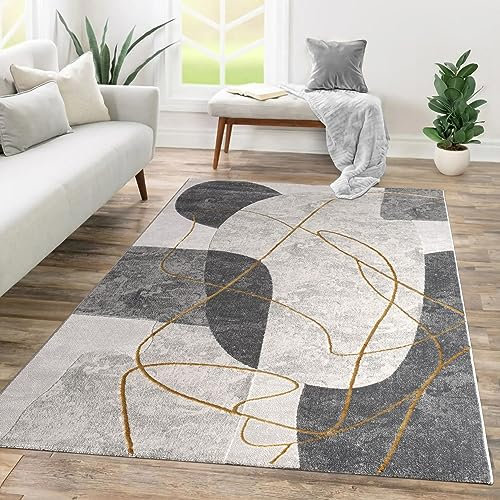 TT Home Wohnzimmer Teppich Kurzflor Geometrisches Design Abstrakte Optik, Farbe:Grau Beige, Größe:80x150 cm
