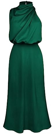 FYMNSI Damen Satin Kleid ?rmellos Lang Abendkleider Krawatte Taille Elegant f?r Hochzeit Cocktailkleid Partykleid Maxikleid Sommerkleid Satinkleid Wickelkleid Hochzeitsgast Ballkleid Vintage Gr?n M