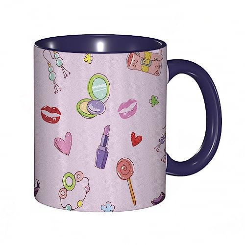 RFSHOP Kaffeetasse mit Cartoon-Mädchen-Illustration und Make-up, Lutscher-Blumendruck, 325 ml, Keramik-Teetasse mit Griff, für Zuhause, Büro, Weihnachten, Geburtstag