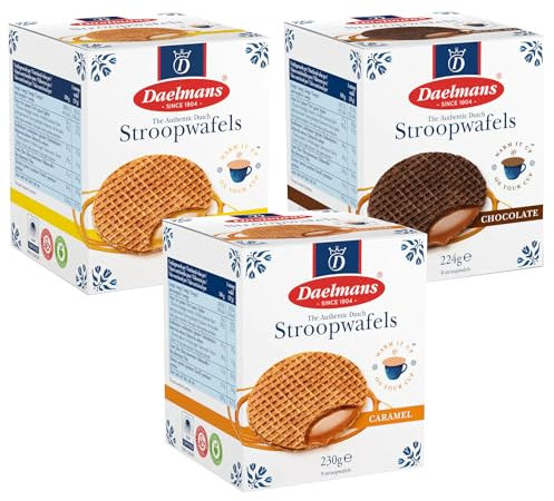 Dutch Stroopwafel 3 Flavour Variety Bundle - Contains Caramel (230g x 1) Honey (230g x 1) & Chocolate (224g x 1)