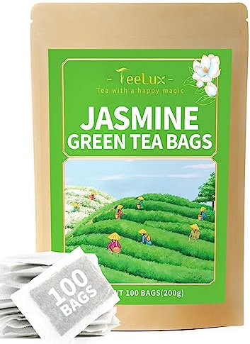TeeLux Jasmin Grüner Tee Beutel 100 Stück, Vegan, Natürlicher Jasmintee mit Herrlichem Aroma, Duftender Grüner Tee mit Jasminblüten
