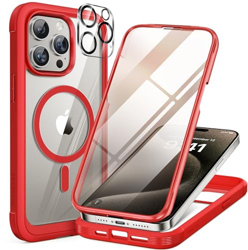 Miracase Magnetic Case for iPhone 15 Pro Max Case 6.7-Inch, Full Body Bumper Case Compatible with MagSafe and Built-in 9H Tempered Glass Screen Protector + Camera Lens Protector (Red)