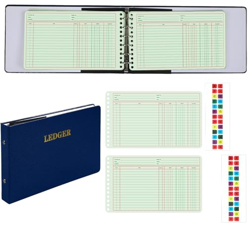 Skyygemm Raccoglitore ad anelli con 200 fogli di registro da 12,7 x 21,6 cm, piccole linguette per contabilità, contabilità, affari, con colonne di debito e credito (copertina blu, fogli gialli)