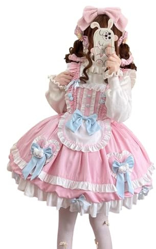 Lolita – Robe kawaii avec nœud mignon sans manches en dentelle pour Halloween – Costume de princesse de lapin – Robes de soubrette (rose, taille L)