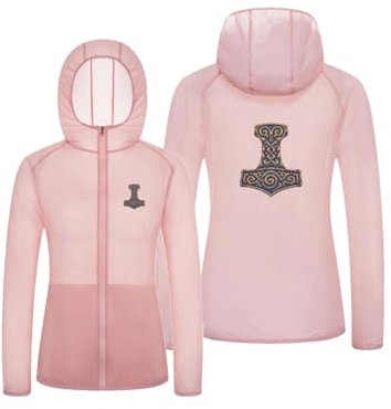 Women's Viking Thor's Hammer Full Zip Sun Protection Jackets, Workout Breathable Quick Dry Sunscreen Hoodie (Color : Pink4, Size : L)