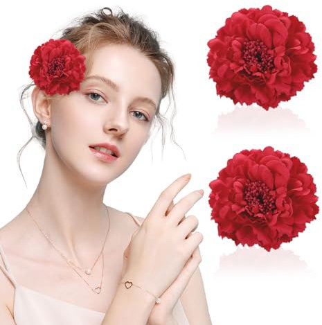 EUPSIIU 2 Pièces Barrette Pivoine Rouge Pince Cheveux Barrette Fleur Pince à Cheveux, Pince à Cheveux, Broche de Fleur pour la Plage le Mariage, Décoration de Fête Vacances (Rouge)