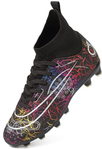 Dhinash Boys' Football Boots Kids Astro Turf Trainers Spikes Football Shoes Girls Cleats Soccer Shoes Junior Sports Outdoor Athletic Sneakers Unisex W028 Black 2UK