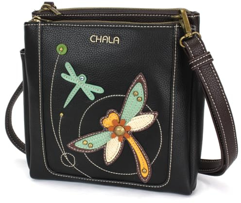 CHALA Merry Messenger RFID-geschützte Damen-Schultertasche aus Kunstleder mit verstellbarem Crossbody-Gurt, Libelle, Schwarz, Medium