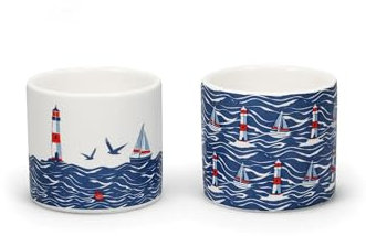 Half Moon Bay - Coastal Egg Cups Set of 2, Blue/White, 4 x 2 Inch, Round, Snap Closure, Stoneware, Dishwasher Safe