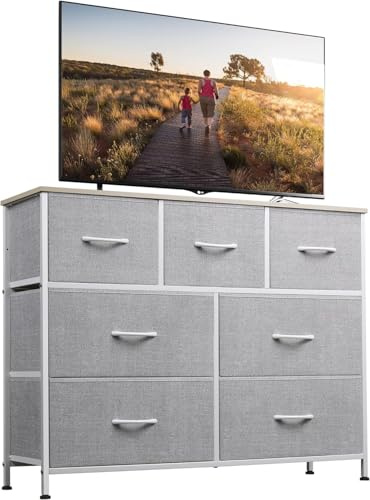 WLIVE Chest of Drawers, 7 Fabric Drawers Dresser for Bedroom, Light Grey | Easy Pull Handle, Wood Top and Sturdy Steel Frame, Wide TV Stand for Living Room, Kids Room, Easy to Assemble